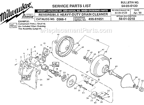 Milwaukee 0566-1 (SER 496-61651) Drain Cleaner Page A Diagram