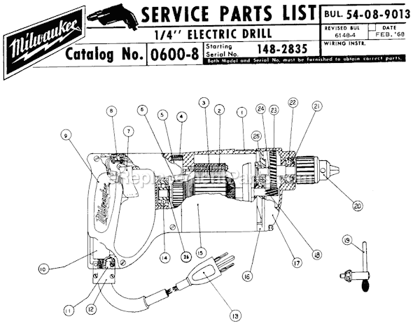 Milwaukee 0600-8 (SER 148-2835) 1/4" Electric Drill Page A Diagram