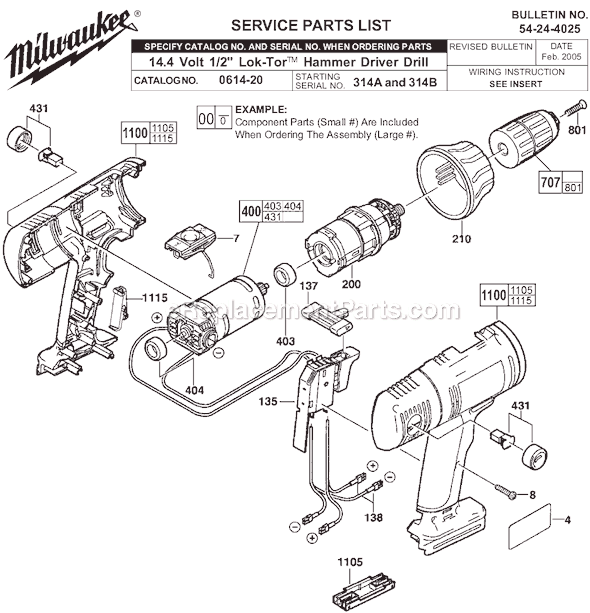 Milwaukee 0614-20 (SER 314A and 314B) 14.4V 1/2" Cordless Hammer Drill Page A Diagram
