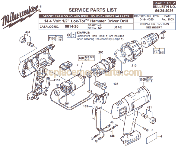 Milwaukee 0614-20 (SER 314C) Hammer Driver Drill Page A Diagram