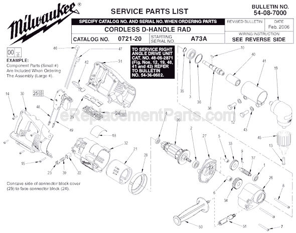 Milwaukee 0721-20 (SER A73A) Cordless V28 D-Handle Right-Angle Drill Page A Diagram