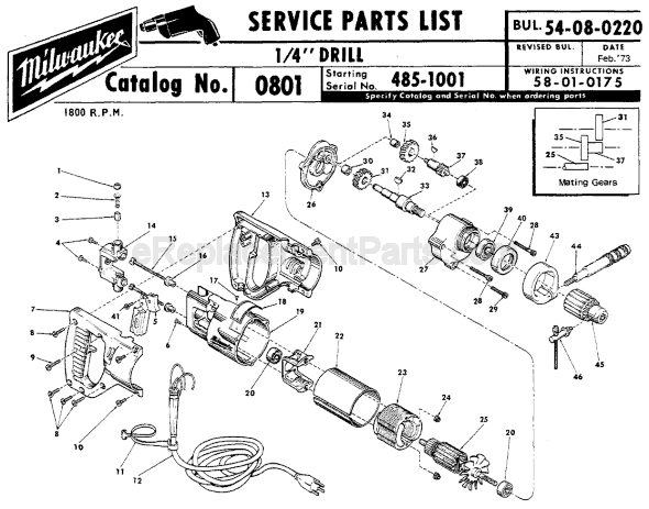 Milwaukee 0801 (SER 485-1001) Electric Drill / Driver Page A Diagram