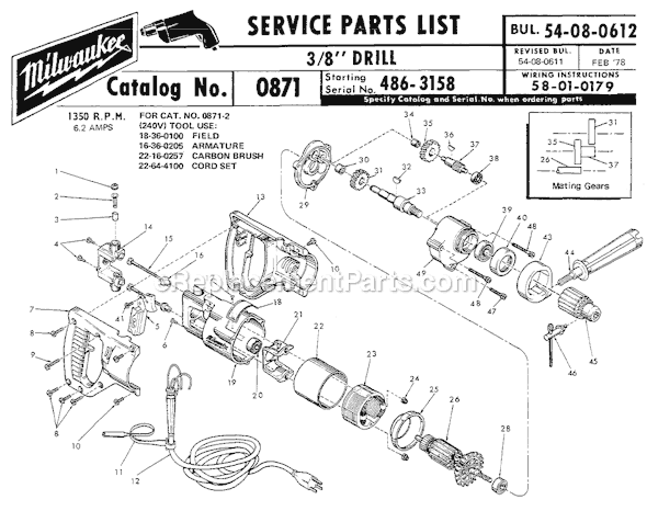 Milwaukee 0871 (SER 486-3158) 3/8" Drill Page A Diagram