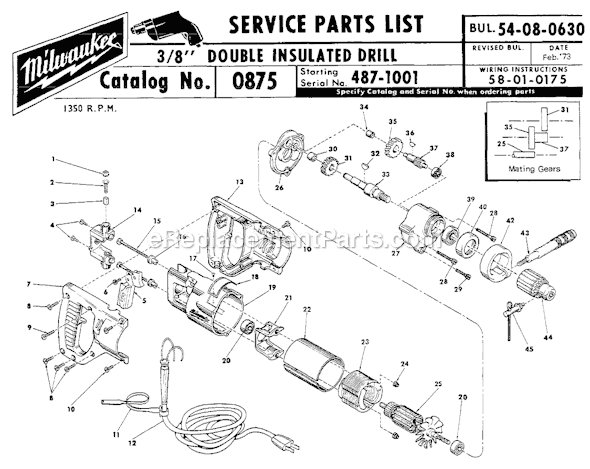 Milwaukee 0875 (SER 487-1001) Double Insulated Drill Page A Diagram