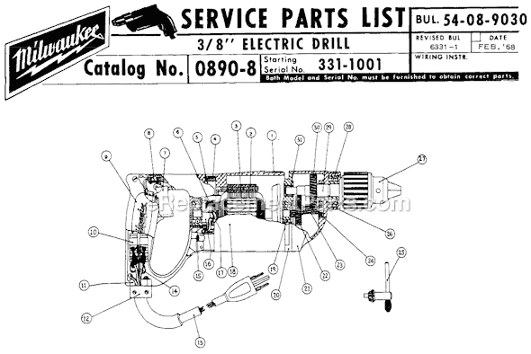 Milwaukee 0890-8 (SER 331-1001) 3/8" Electric Drill Page A Diagram