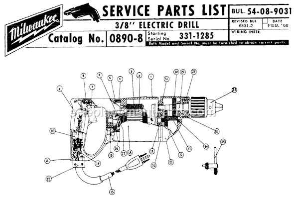 Milwaukee 0890-8 (SER 331-1285) 3/8" Electric Drill Page A Diagram