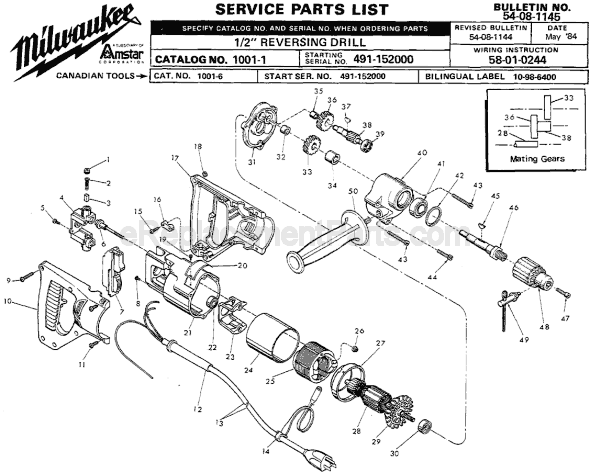 Milwaukee 1001-1 (SER 491-152000) Electric Drill / Driver Page A Diagram