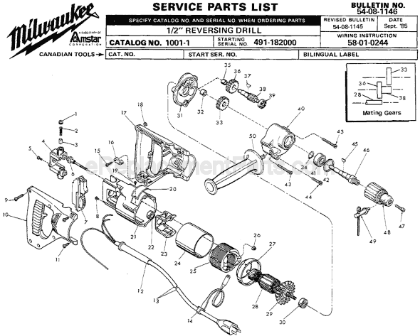 Milwaukee 1001-1 (SER 491-182000) Electric Drill / Driver Page A Diagram
