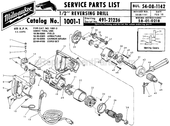 Milwaukee 1001-1 (SER 491-21236) Electric Drill / Driver Page A Diagram