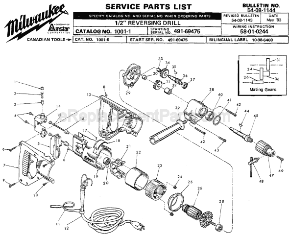 Milwaukee 1001-1 (SER 491-69475) Electric Drill / Driver Page A Diagram