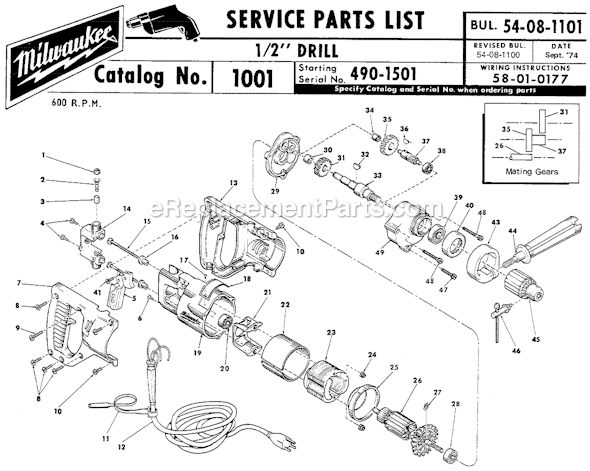 Milwaukee 1001 (SER 490-1501) 1/2" Drill Page A Diagram