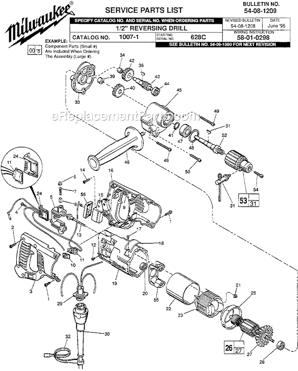 Milwaukee 1007-1 (SER 628C) 1/2 D-Handle Drill 0-600 RPM with Quik-Lok cord Page A Diagram