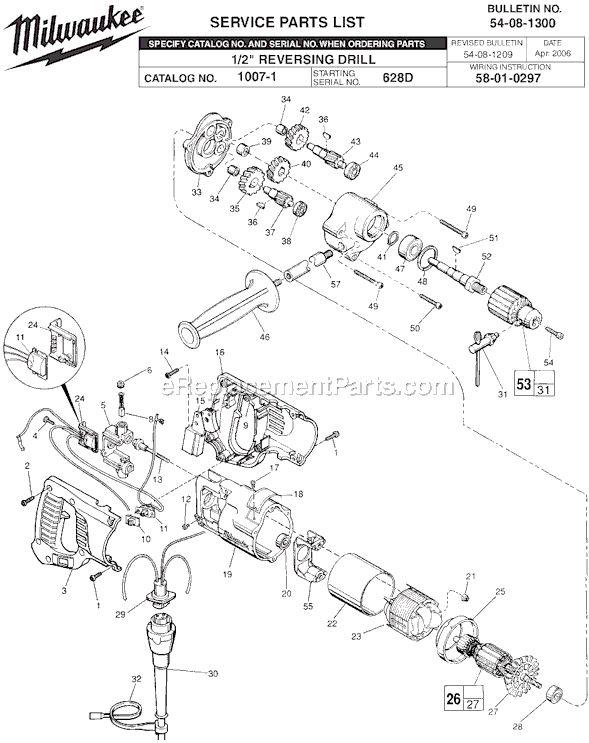 Milwaukee 1007-1 (SER 628D) 1/2 D-Handle Drill 0-600 RPM with Quik-Lok cord Page A Diagram