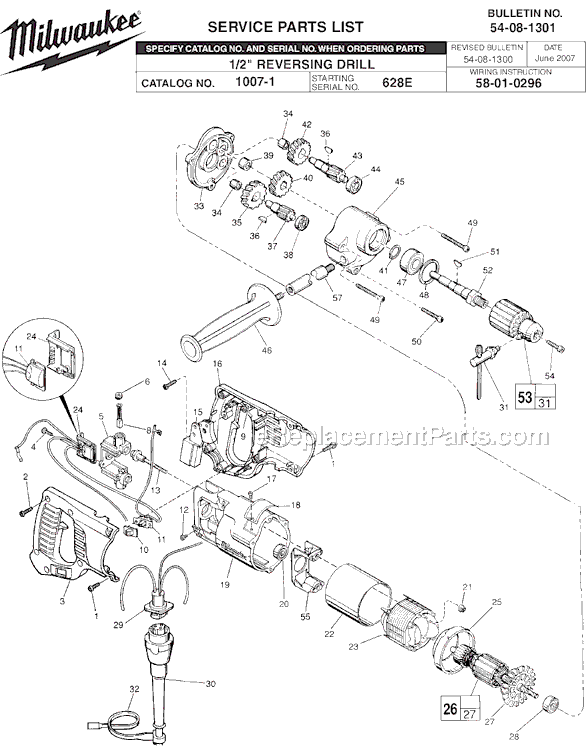 Milwaukee 1007-1 (SER 628E) 1/2 D-Handle Drill 0-600 RPM with Quik-Lok cord Page A Diagram