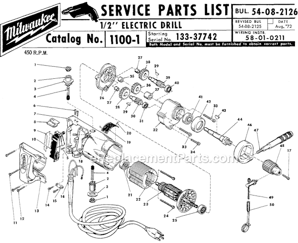 Milwaukee 1100-1 (SER 133-37742) 1/2" Electric Drill Page A Diagram