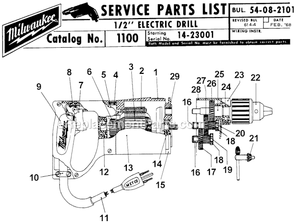 Milwaukee 1100 (SER 14-23001) 1/2" Electric Drill Page A Diagram
