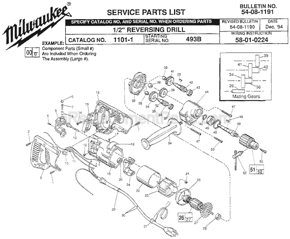 Milwaukee 1101-1 (SER 493B) Reversing Drill Page A Diagram