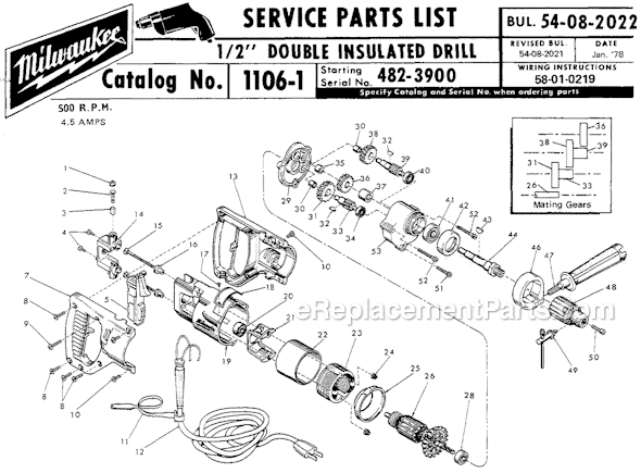 Milwaukee 1106-1 (SER 482-3900) 1/2" Double Insulated Drill Page A Diagram
