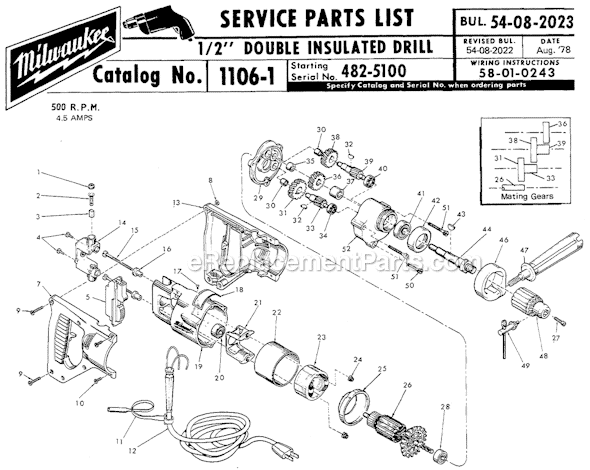 Milwaukee 1106-1 (SER 482-5100) 1/2" Double Insulated Drill Page A Diagram