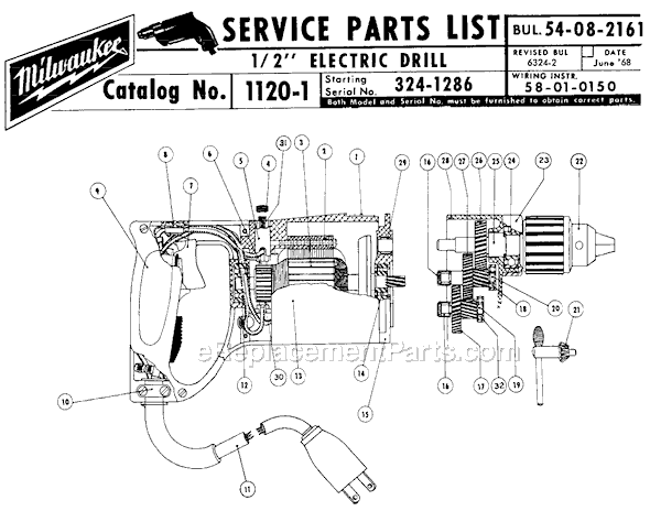 Milwaukee 1120-1 (SER 324-1286) 1/2" Electric Drill Page A Diagram