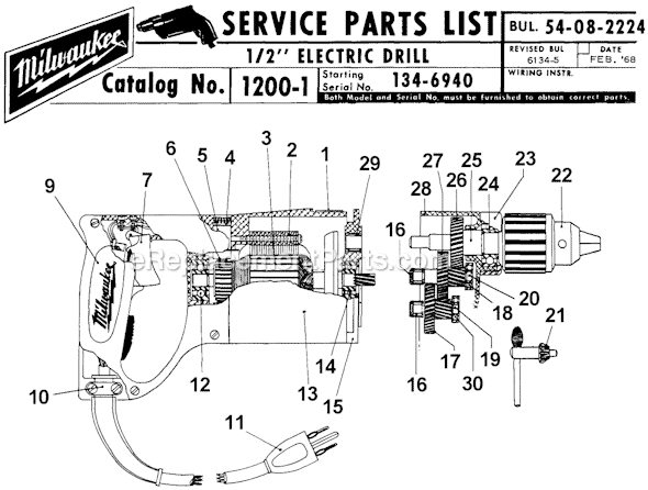 Milwaukee 1200-1 (SER 134-6940) 1/2" Electric Drill Page A Diagram