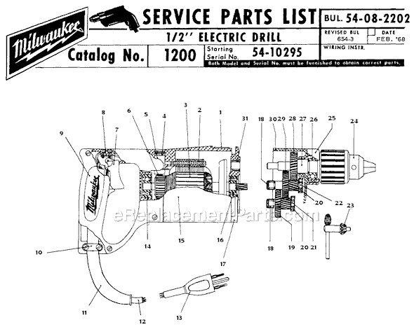 Milwaukee 1200 (SER 54-10295) 1/2" Electric Drill Page A Diagram