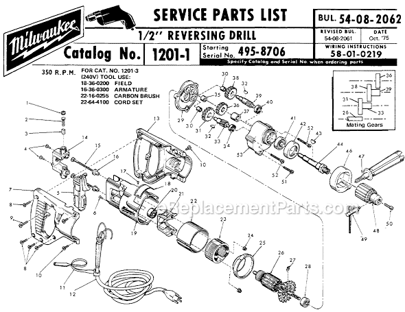 Milwaukee 1201-1 (SER 495-8706) 1/2" Reversing Drill Page A Diagram