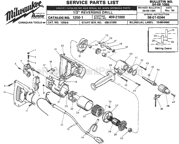 Milwaukee 1250-1 (SER 459-21000) Electric Drill / Driver Page A Diagram