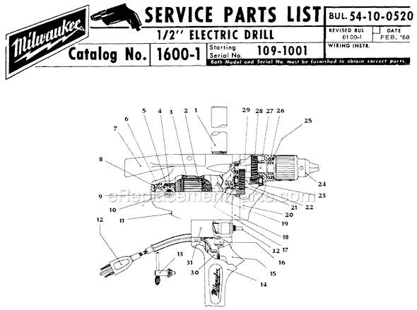 Milwaukee 1600-1 (SER 109-1001) 1/2" Electric Drill Page A Diagram
