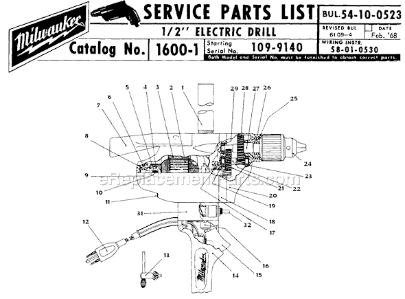 Milwaukee 1600-1 (SER 109-9140) 1/2" Electric Drill Page A Diagram