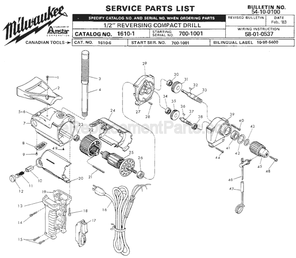 Milwaukee 1610-1 (SER 700-1001) 1/2 Inch Reversing Compact Drill Page A Diagram