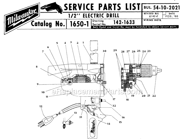 Milwaukee 1650-1 (SER 142-1633) 1/2" Electric Drill Page A Diagram