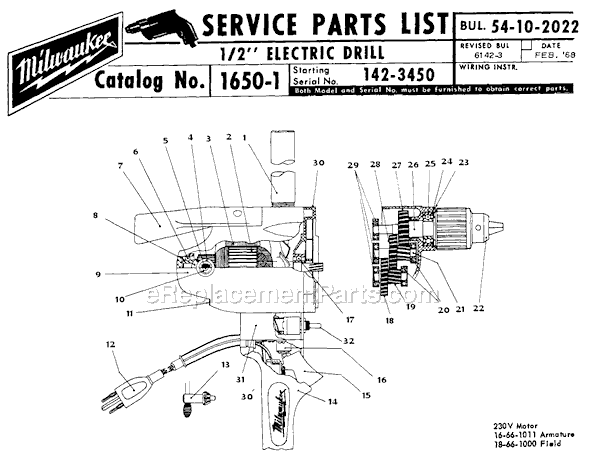 Milwaukee 1650-1 (SER 142-3450) 1/2" Electric Drill Page A Diagram