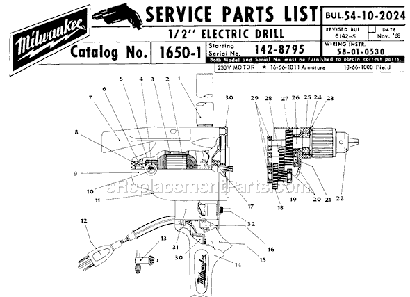 Milwaukee 1650-1 (SER 142-8795) 1/2" Electric Drill Page A Diagram