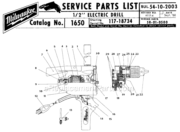 Milwaukee 1650 (SER 117-18734) 1/2" Electric Drill Page A Diagram