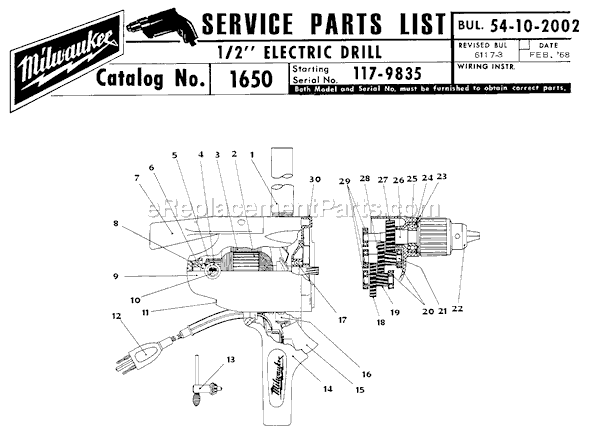 Milwaukee 1650 (SER 117-9835) 1/2" Electric Drill Page A Diagram