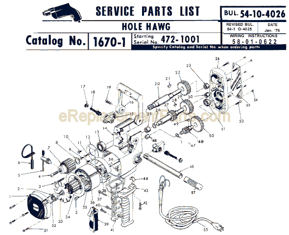 Milwaukee 1670-1 (SER 472-1001) Single Speed Hole Hawg Drill Page A Diagram