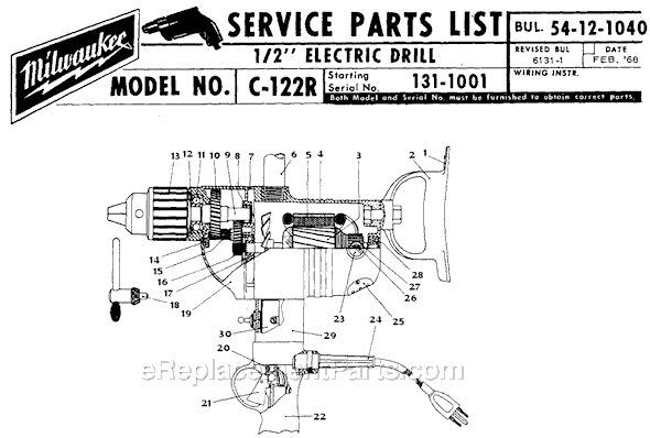 Milwaukee 1700-1 (SER 131-1001) 1/2" Electric Drill Page A Diagram