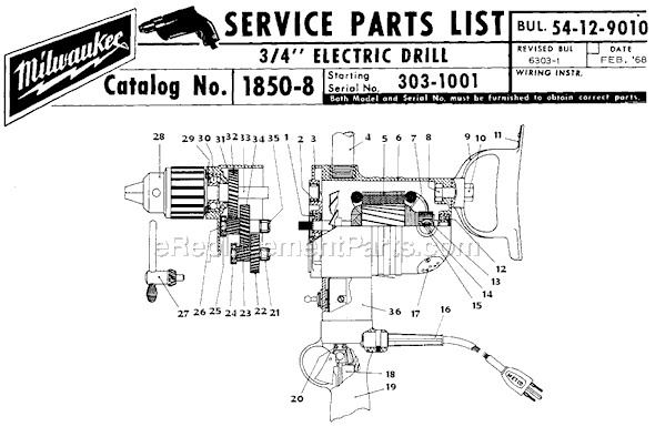 Milwaukee 1850-8 (SER 303-1001) 3/4" Electric Drill Page A Diagram