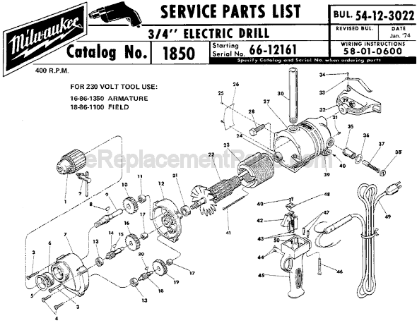 Milwaukee 1850 (SER 66-12161) Electric Drill / Driver Page A Diagram