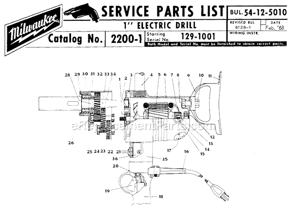Milwaukee 2200-1 (SER 129-1001) 1" Electric Drill Page A Diagram