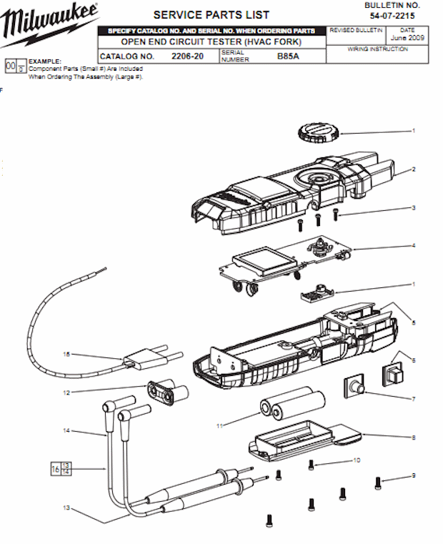 Milwaukee 2206-20 (B85A) Open End Circuit Tester (Hvac Fork) Page A Diagram