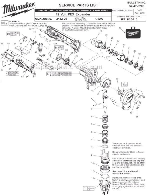 Milwaukee 2432-20 (SER C73A) 12 Volt Pex Expander Page A Diagram