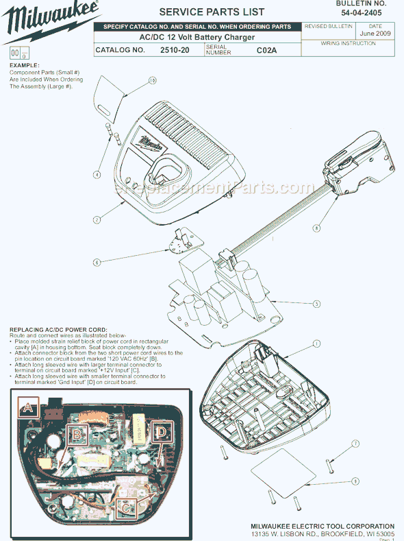 Milwaukee 2510-20 (SER C02A) Ac/Dc 12 Volt Battery Charger Page A Diagram