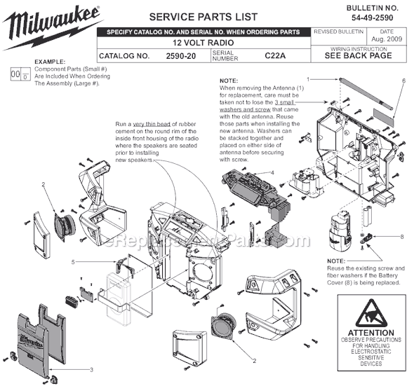 Milwaukee 2590-20 Parts List and Diagram - (SER C22A
