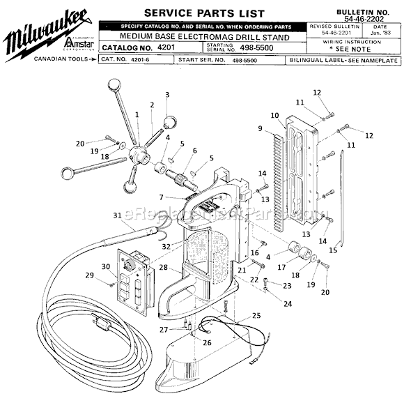 Milwaukee 4201 (SER 498-5500) Medium Base Electromag Drill Press Stand Page A Diagram