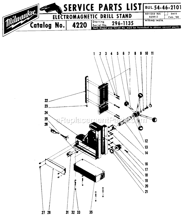 Milwaukee 4220 (SER 296-1135) Electromagnetic Drill Press Stand Page A Diagram