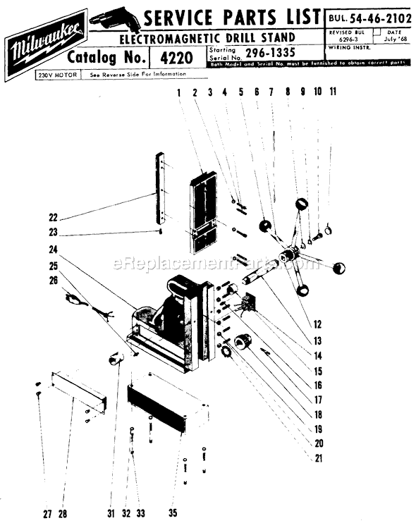 Milwaukee 4220 (SER 296-1335) Electromagnetic Drill Press Stand Page A Diagram
