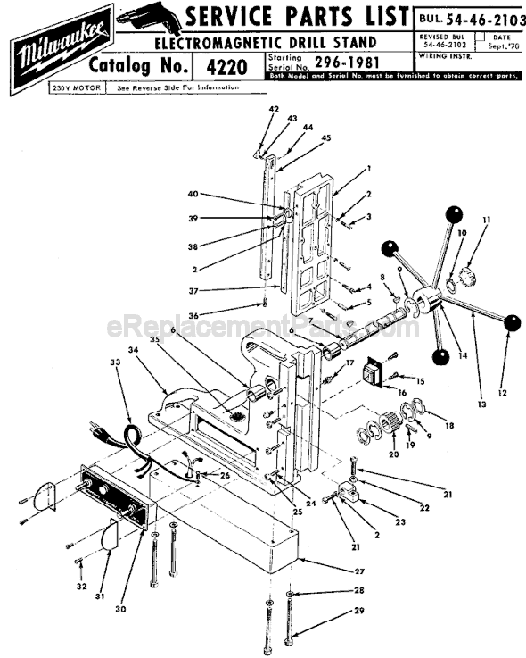 Milwaukee 4220 (SER 296-1981) Electromagnetic Drill Press Stand Page A Diagram