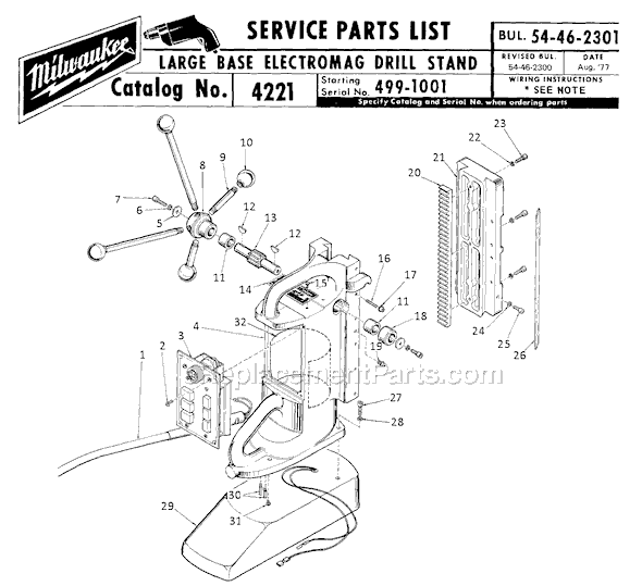 Milwaukee 4221 (SER 499-1001) Large Base Electromag Drill Press Stand Page A Diagram
